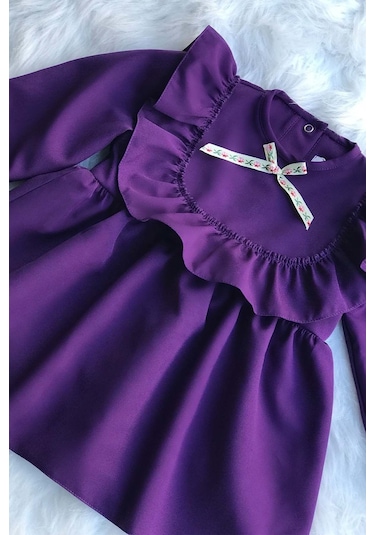 Fırfır Ve Kurdele Detaylı Mor Krep Kız Çocuk Bebek Elbise 001