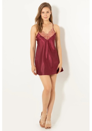 Faryanight Saten Dantelli Taşlı Sırt Detaylı İp Askılı Gecelik Bordo