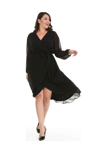 Astarlı Şifon Anvelop Elbise-1474 Siyah