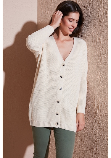 Lela Regular Fit V Yaka Düğmeli Triko Örme Uzun Bayan Hırka 4615044 Taş