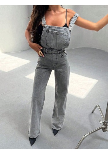 Shevega Kadın Kar Siyah Kanguru Cep Bol Paça Kot Bahçevan Tulum Siyah