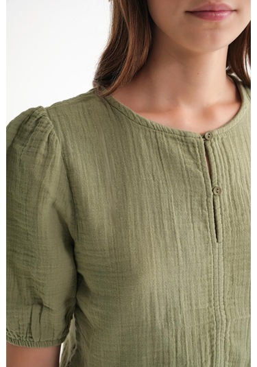 4713 Kadın Beli Büzgülü Kolu Lastikli Bol Müslin Bluz Çağla Çağla