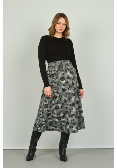 Sistas Kadın Desenli Midi Boy Rahat Form Etek 23917 Siyah