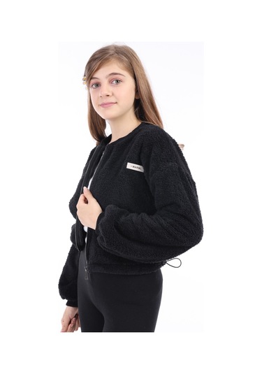 Toontoy Kız Çocuk Kolej Yaka Fermuarlı Düşük Omuz Baskılı Peluş Hırka - Beli Ayarlanabilir Lastikli Siyah
