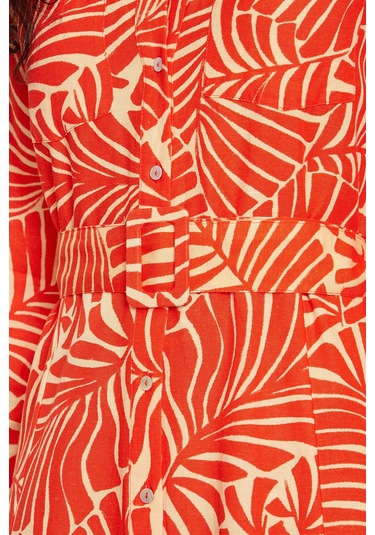 Only Kadın Onlcallıe Desenli Beli Kemerli Uzun Keten Elbise 15318799 Turuncu