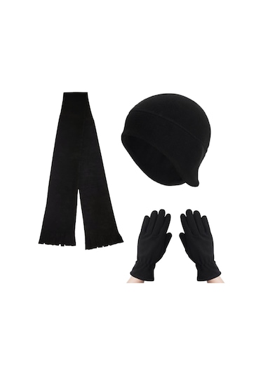 Kadın Kışlık Termal Polar Eldiven - Kulaklıklı Bere - Atkı 3'lü Set Siyah