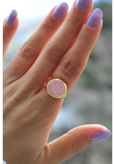 Niki Aksesuar Smile Pembe Mineli Ayarlanabilir Yüzük Gold Renk Pembe