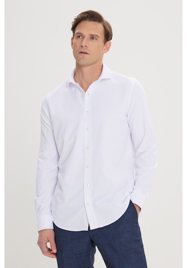 AC&Co / Altınyıldız Classics Erkek BEYAZ Slim Fit Dar Kesim İtalyan Yaka Armürlü Pamuklu Basic Gömlek Beyaz