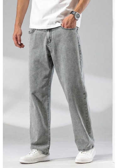 Baggy Gri Renk Rahat Kesim Erkek Jeans Pantolon-1792 Gri