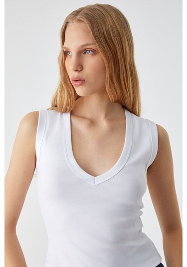 GRIMELANGE Lescosa Kadın Slim V Yaka Kolsuz Beyaz T-shirt Beyaz