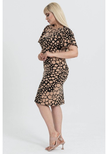 Kadın Siyah Vizon Taş Desenli Kelebek Kol Kuplu Büyük Beden Elbise-siyah Siyah