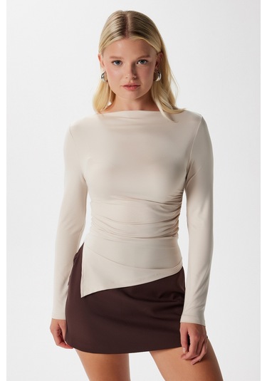 Kadın Most Poliamid Asimetrik Bej Uzun Kol Bluz Bej