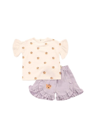 Ayıcık Baskılı Fırfırlı Şortlu Lila Takım Bipamuk 001