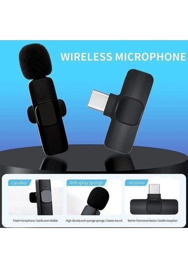 Kablosuz Yaka Mikrofonu 2'li Typ-c Uyumlu Mini K9 Vlog Mikrofonu, Telefon Mikrofonu-1340
