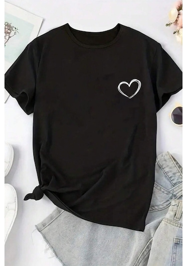 Unisex Hearts Baskılı Tasarım Tshirt Siyah