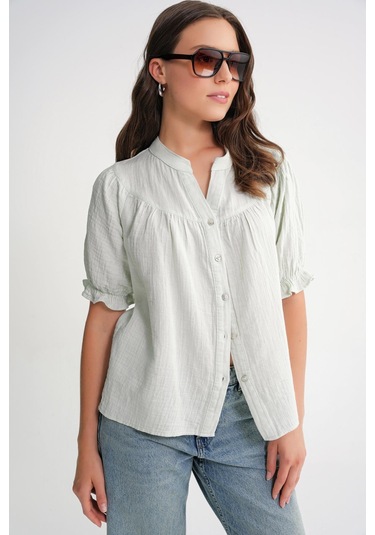 4725 Kadın Büzgü Robalı Kolu Fırfırlı Müslin Gömlek Adaçayı Adaçayı