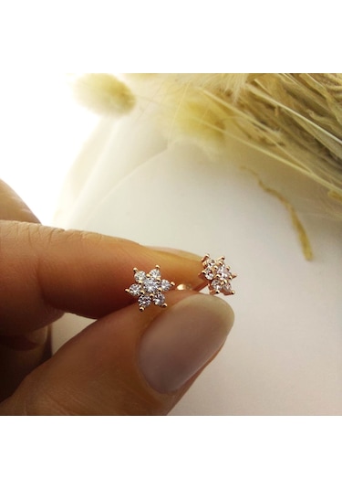 925 Ayar Gümüş Beyaz Taşlı Minimal Lotus Küpe Rose