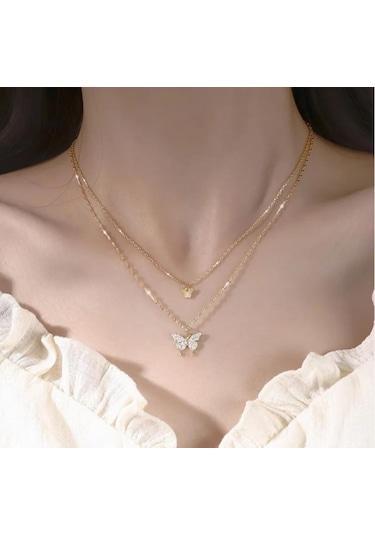 Çift Katlı Kadın Kelebek Kolye - Kararmaz Altın Kaplama