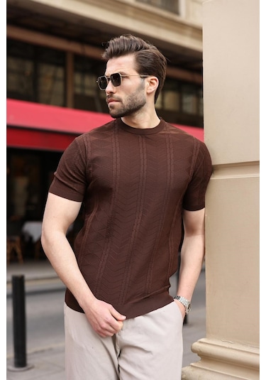 Kahverengi Bisiklet Yaka Slim Fit Triko Erkek Tişört E7466