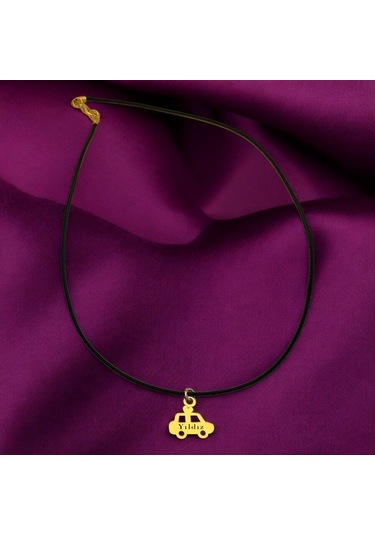 Yıldız İsmine Özel Araba Figürlü 14 Ayar Altın Plakalı Siyah Bağlıklı Hediyelik Kolye-630isim Yıldız