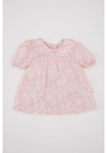 DeFacto Kız Bebek Büyük Yaka Krinkıl Viskon Çiçekli Kısa Kollu Bluz C3761A524SMPN167 Pembe