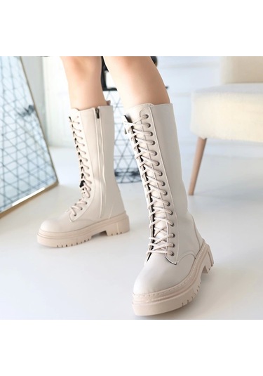 Mennd Bej Cilt Bağcıklı Kadın Çizme Bej