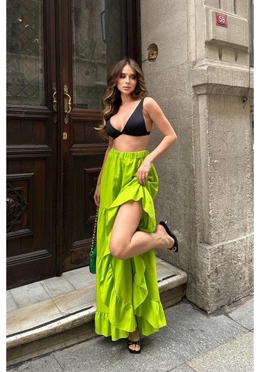 Audrey Fıfrlı Yırtmaç Detay Etek 4037 Fistik Yeşi Li