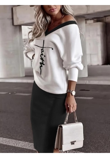 Kadın Uzun Kollu V Yakalı Iki Iplik Bluz Ve Şardonlu Kaşkorse Etek Ikili Takım Siyah