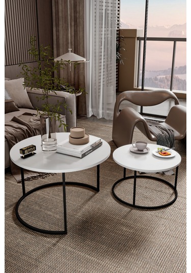 Orta Sehpa Bade İkili Lüx Yan Sehpa Masa Beyaz Beyaz