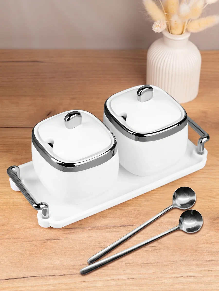 Homelabshop Seramik Kapaklı Ve Kaşıklı Şekerlik, 2 Adet 275451622 Beyaz