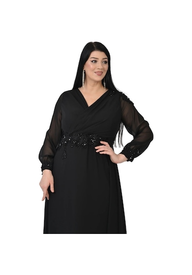 Lilas Xxl Kadın Büyük Beden Uzun Şifon Abiye Elbise 9573 Siyah