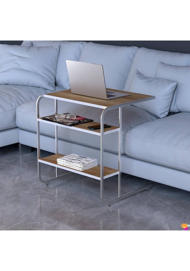 Modilayn C Yan Sehpa Geniş Boy Tekerlekli Çalışma, Atıştırmalık, Yemek, Laptop Sehpası Meşe Beyaz - Meşe