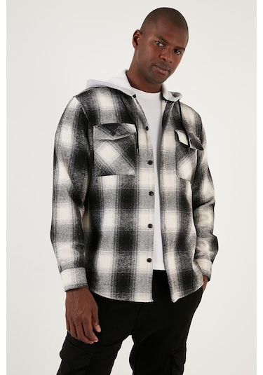 Buratti Ekoseli Çift Cepli Kapüşonlu Oduncu Erkek Gömlek Cf22W2650 Siyah