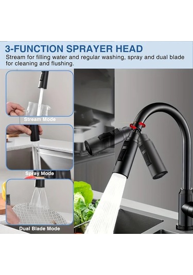 Chuangyinshop Siyah 3 Modlu Su Sıçratmayan Musluk Uzatıcı - Dönen Su Kontrolü Dayanıklı Mutfak Bataryası Siyah