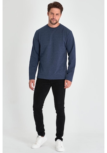 MMetalic Çift Bisiklet Yaka Standart Rahat Kesim Erkek Sweatshirt İndigo Mavi MMetalic Çift Bisiklet Yaka Standart Rahat Kesim Erkek Sweatshirt İndigo Mavi
