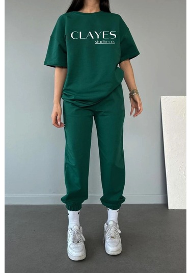 Studio Co Baskılı Nefti Yeşil T-shirt Eşofman Altı Takım - Oversize Bisiklet Yaka Yeşil