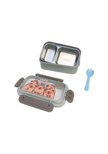 Kapibara 2 Paslanmaz Çelik Bölmeli Çocuk Yemek Seti - Sızdırmaz Gri