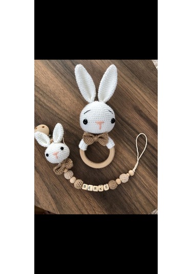 Amigurumi Tavşan Çıngırak Seti Bebek Hediyelik İsimli Emzik Zincr Çok Renkli