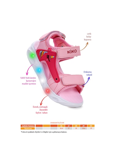 Kiko Kids Unicorn Günlük Işıklı Cırtlı Kız Çocuk Sandalet Ayakkabı Pembe Pembe
