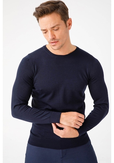 Desen Triko Erkek Basic Sıfır Yaka İnce Triko Kazak 02421603 Koyu Lacivert