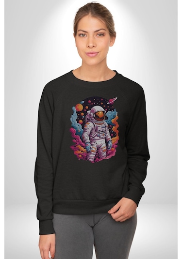 Ay Mars Astronot Unisex Siyah Baskılı Sweatshirt Siyah