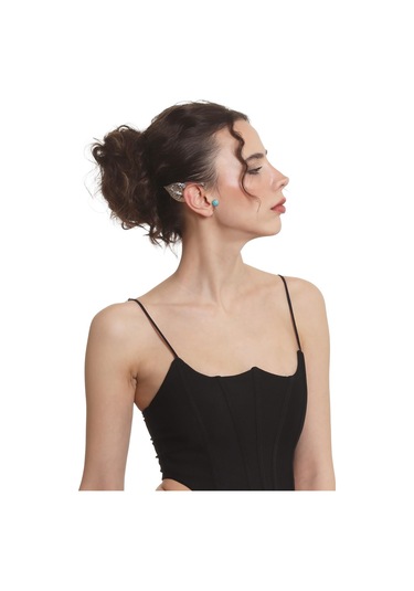 Kadın Gümüş Renk Lak Kaplama Taşlı Dokulu Yaprak Stilizesi Sağ Kulak Earcuff & Kıkırdak Küpe Çok Renkli