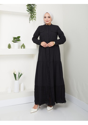 Dantelli Doğal Kumaşlı Boydan Düğmeli Kot Elbise Siyah