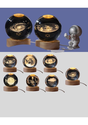 3d Astronot Kristal Küre Gece Lambası Usb Ahşap Standlı Dekoratif Işık