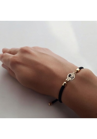 14 Ayar Altın Plakalı Oval Motifli İpek Örgülü Atatürk Sembollü Hediye Bileklik-320sembol-siyah Altın