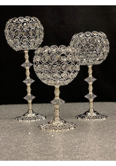 Kristal Taşlı Ayaklı Gümüş Şamdan 3'lü Set Gold