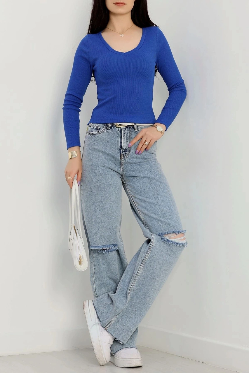 Biçomi V Yaka Kaşkorse Bluz Saks Mavisi A3699 Saks