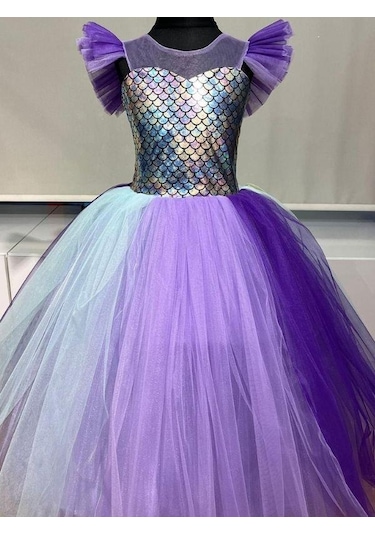 Kız Çocuk Deniz Kızı Tarlatanlı Abiye Elbise-13691 Mor