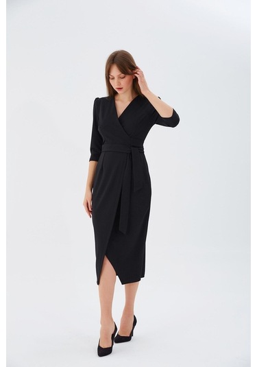 Nefeli V Yaka Midi Sarımlı Elbise - Minimalist Şık Günlük Siyah