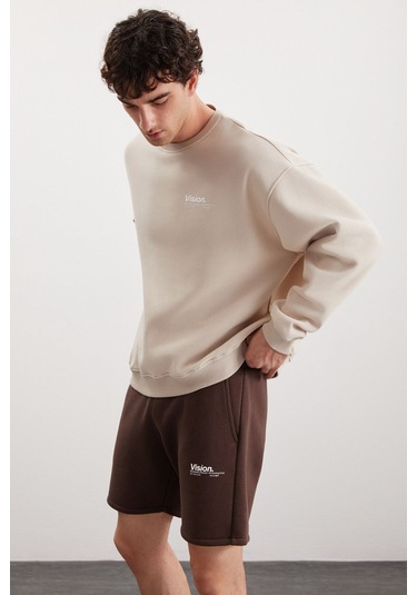 GRIMELANGE Ernest Erkek Organik Pamuklu Yumuşacık Baskı Detaylı Bisiklet Yaka İçi Polarlı Vizon Sweat Vizon